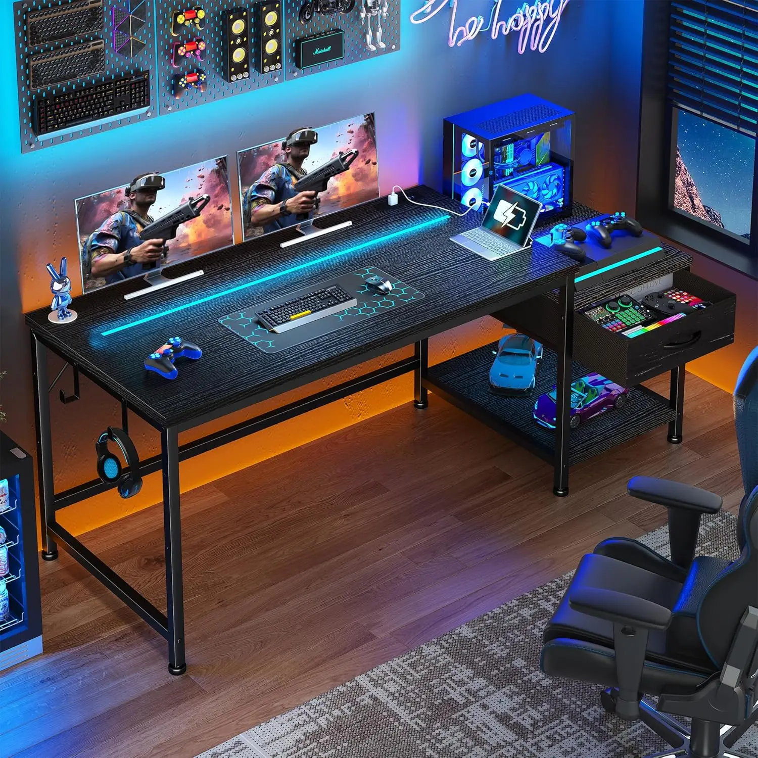 Gaming Desk 48.1 Inch with LED Lights and Power Outlets,Reversible Computer Desk with Drawers and Shelf,Gaming, Customized
Gaming Desk 48.1 Inch with LED Lights and Power Outlets,Reversible Computer Desk with Drawers and Shelf,Gaming, Customized