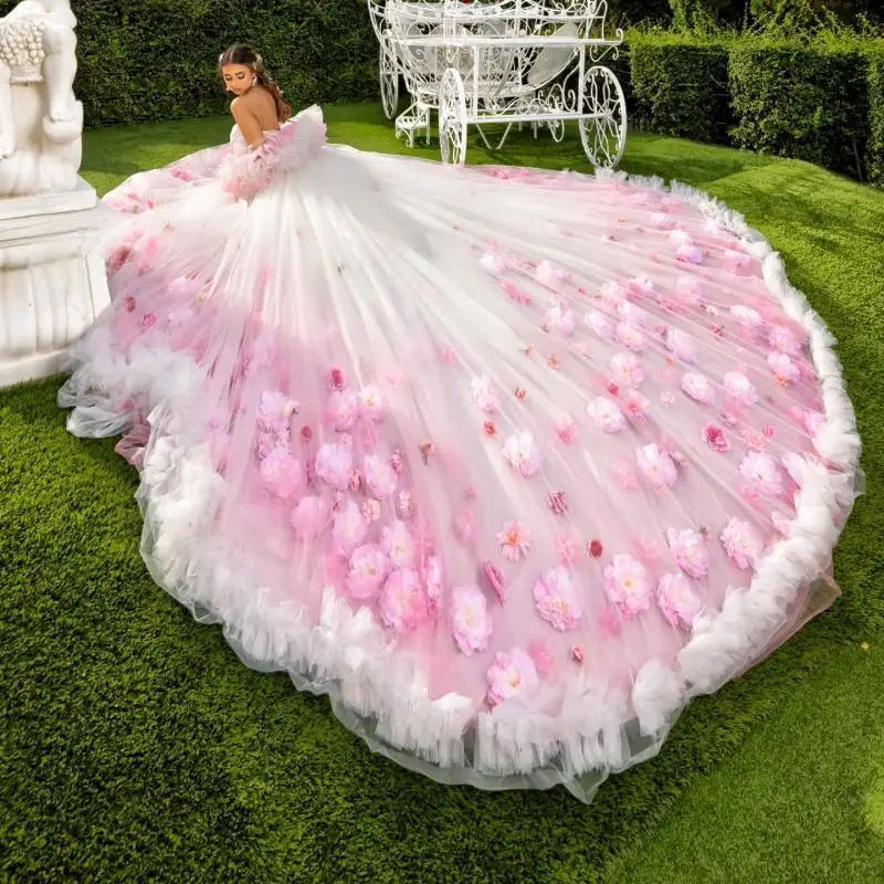 Customized Shiny Light Pink Quinceanera Dress Lace 3D flower Tull Lace Long tail vestidos de 15 Quinceanera
Customized Shiny Light Pink Quinceanera Dress Lace 3D flower Tull Lace Long tail vestidos de 15 Quinceanera 