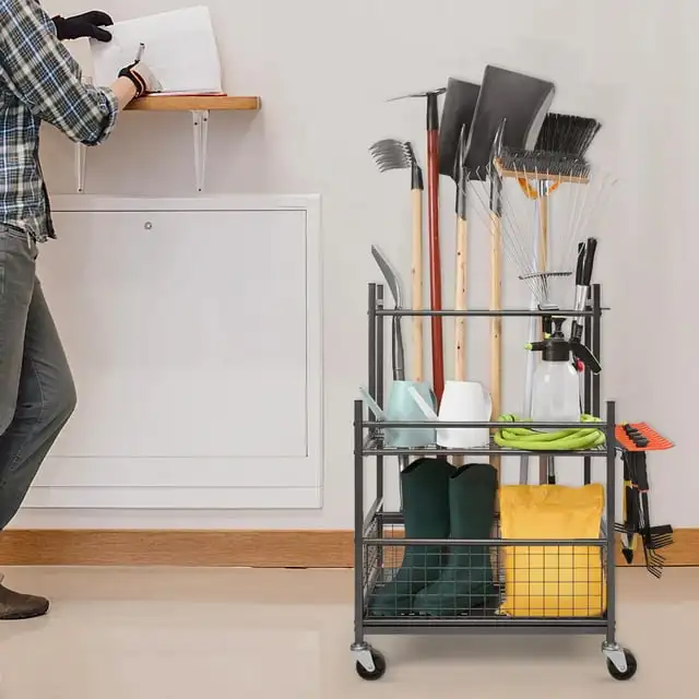 KFFKFF Garden Tool Storage Rack with Wheels Garage Organizer 16 Slots with Hooks
KFFKFF Garden Tool Storage Rack with Wheels Garage Organizer 16 Slots with Hooks