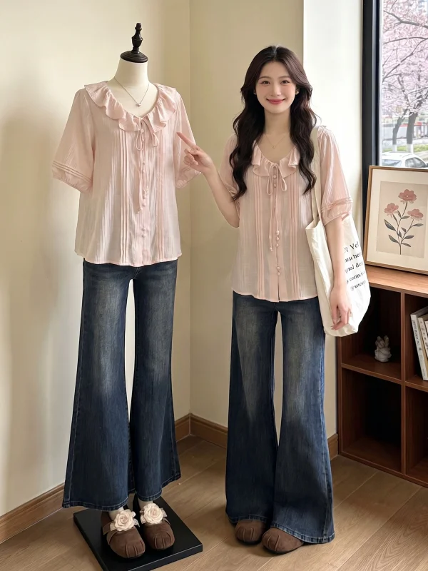Pink Ruffle Hem V-Neck Shoulder Shirt Women's Summer New Large Size Fat MM Anti-Aging Doll Shirt Top Gentle Style Loose Fit
Pink Ruffle Hem V-Neck Shoulder Shirt Women's Summer New Large Size Fat MM Anti-Aging Doll Shirt Top Gentle Style Loose Fit