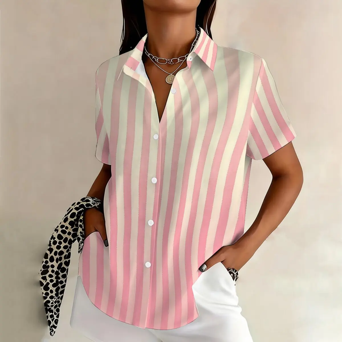 Summer women's plus-size short-sleeve shirt, fashionable vertical stripes with color contrast, casual texture, trendy art style
Summer women's plus-size short-sleeve shirt, fashionable vertical stripes with color contrast, casual texture, trendy art style