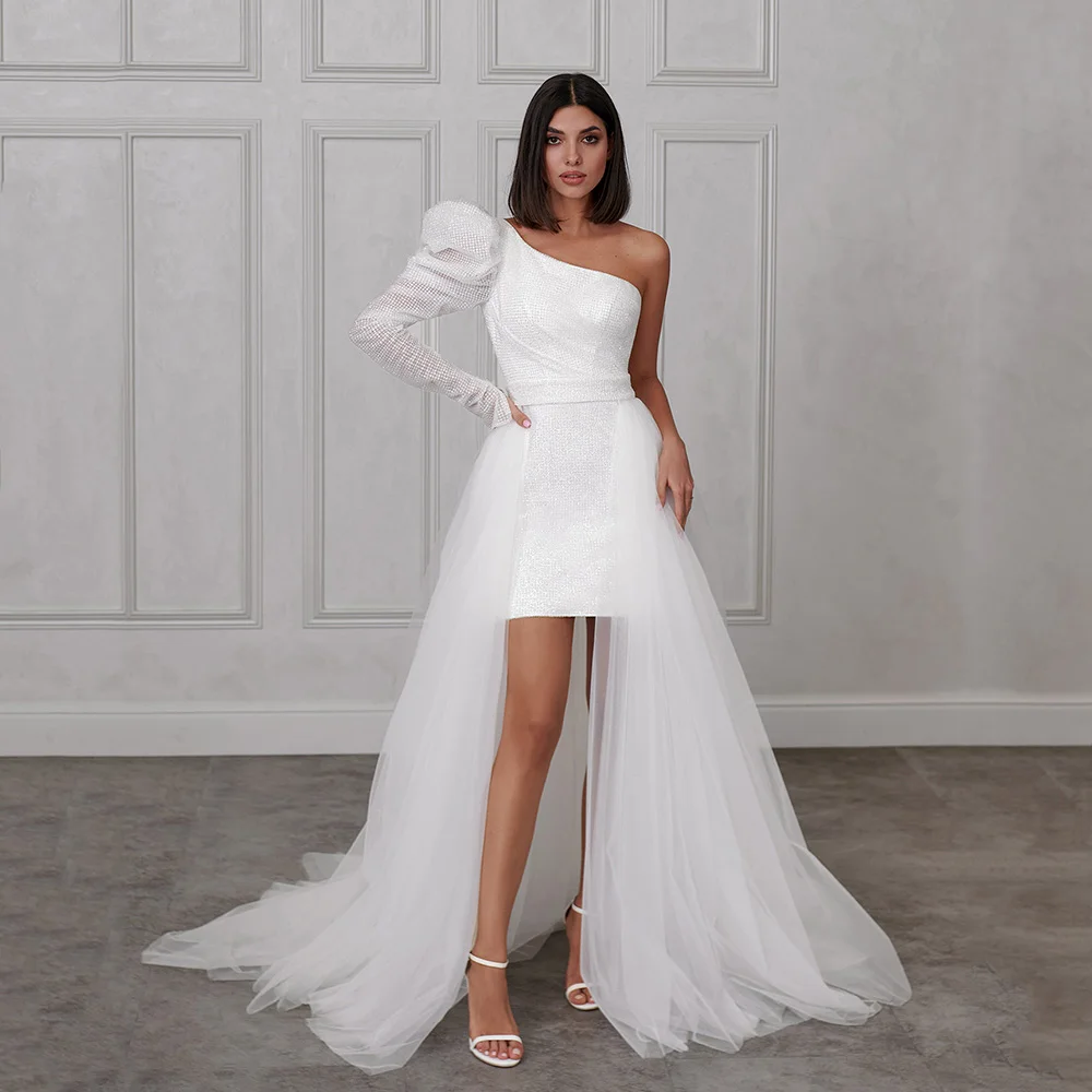 ADLN Detachable Train Wedding Dresses One-shoulder Short Gown with Sleeve Glitter Tulle Boho Bride Dress
ADLN Detachable Train Wedding Dresses One-shoulder Short Gown with Sleeve Glitter Tulle Boho Bride Dress