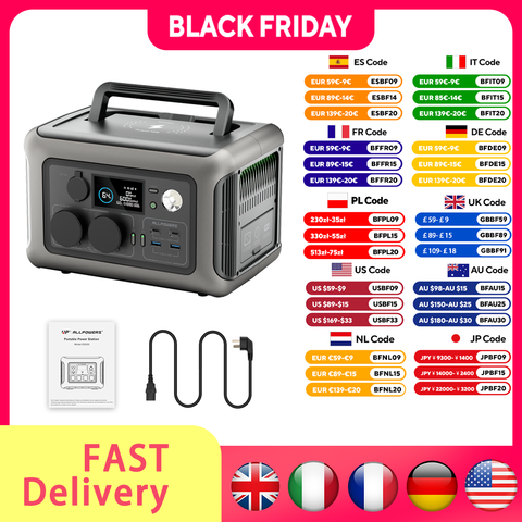 ALLPOWERS Centrale elettrica portatile R600, batteria LiFeP04 da 299 Wh con 2 prese CA da 600 W (1200 W) per campeggio all'aperto, camper, casa