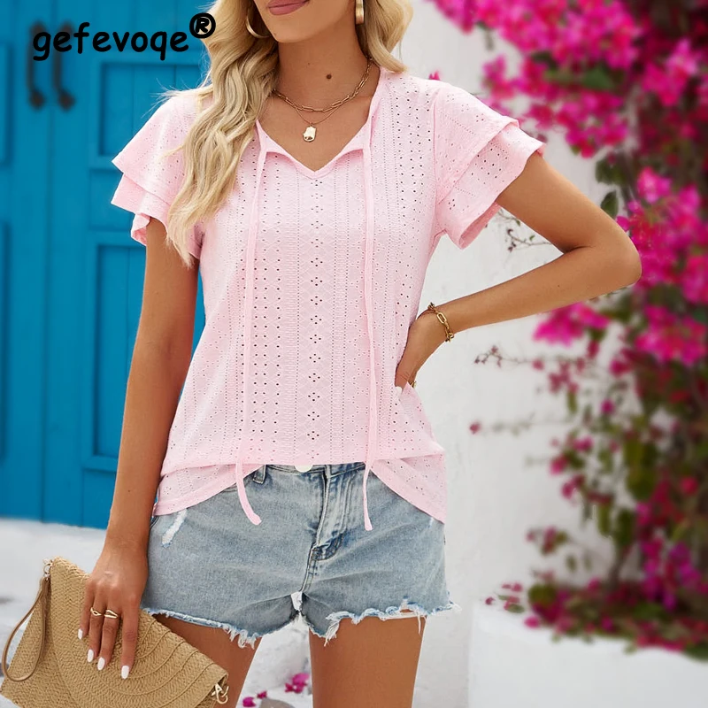 Футболка женская с V-образным вырезом и коротким рукавом, пикантная Элегантная Модная уличная одежда с вырезами, однотонная Свободная рубашка, Y2K, на лето 
Футболка женская с V-образным вырезом и коротким рукавом, пикантная Элегантная Модная уличная одежда с вырезами, однотонная Свободная рубашка, Y2K, на лето