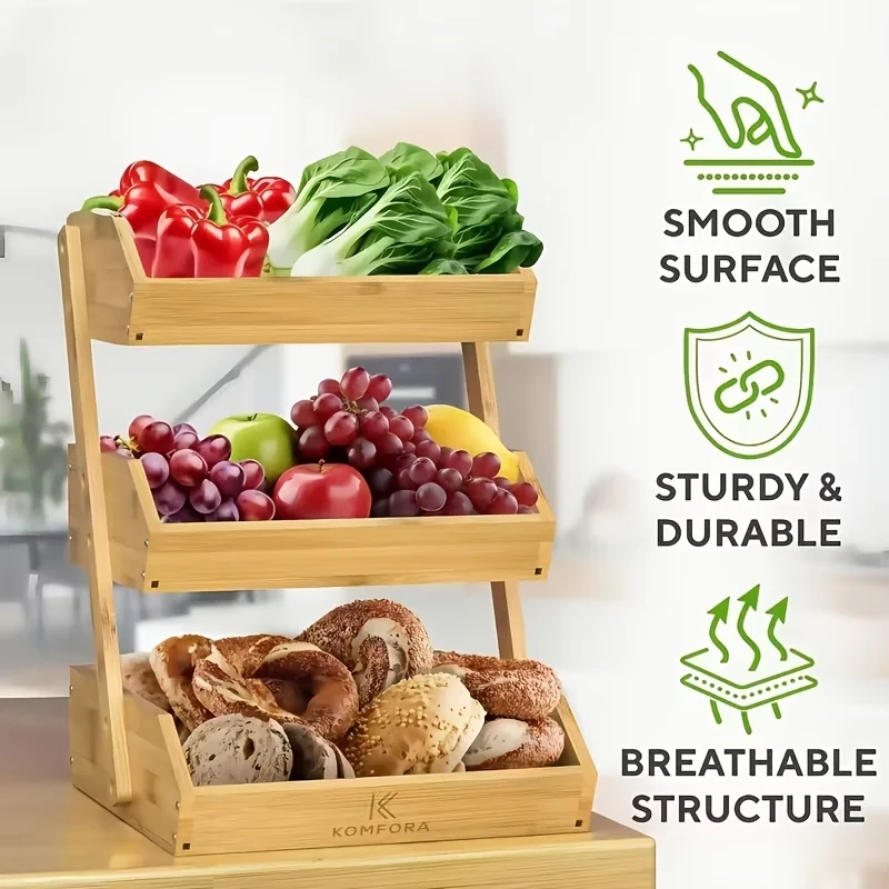 Three-Tier Fruit Basket, Large-Capacity Multi-Layer Desktop Storage Rack, Bamboo Fruit Basket with Natural Wood Grain Finish, Open Flat Design for Ventilation, Snack Storage Basket, Suitable for Pantry, Bread and Produce Storage
Three-Tier Fruit Basket, Large-Capacity Multi-Layer Desktop Storage Rack, Bamboo Fruit Basket with Natural Wood Grain Finish, Open Flat Design for Ventilation, Snack Storage Basket, Suitable for Pantry, Bread and Produce Storage