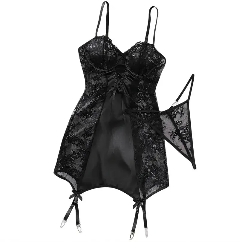 Elegant Womens Dresses Romantic Floral Dress Thong 2PC with Stockings Sexy Hollow Satin Lace Patchwork Party Dresses
Elegant Womens Dresses Romantic Floral Dress Thong 2PC with Stockings Sexy Hollow Satin Lace Patchwork Party Dresses