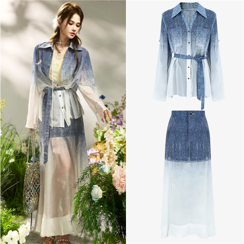 New In Fashion Designer Spring Summer Women's Suit Elegant Chiffon Long Sleeve Shirts And Graduated Half-Length Skirt SL066
New In Fashion Designer Spring Summer Women's Suit Elegant Chiffon Long Sleeve Shirts And Graduated Half-Length Skirt SL066