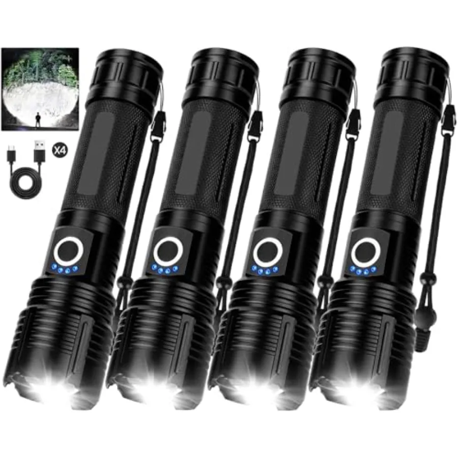 4 Pack Flashlight Rechargeable High Lumens 99000LM Flash Light Adjustable LED Bright Flashlights with 5 Modes and USB Cable Wat
4 Pack Flashlight Rechargeable High Lumens 99000LM Flash Light Adjustable LED Bright Flashlights with 5 Modes and USB Cable Wat
