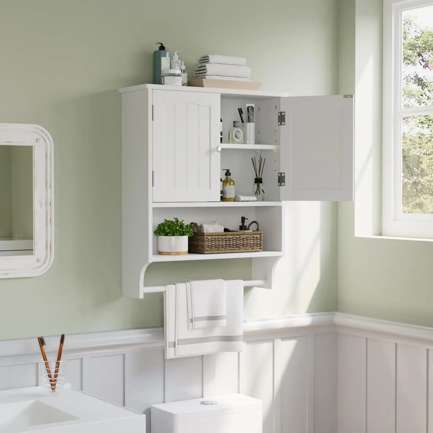 White Bathroom Cabinet Wall Mounted with Towels Bar, Bathroom Medicine Cabinet with 2 Door Adjustable Shelves, Over Toilet Cabi 
White Bathroom Cabinet Wall Mounted with Towels Bar, Bathroom Medicine Cabinet with 2 Door Adjustable Shelves, Over Toilet Cabi