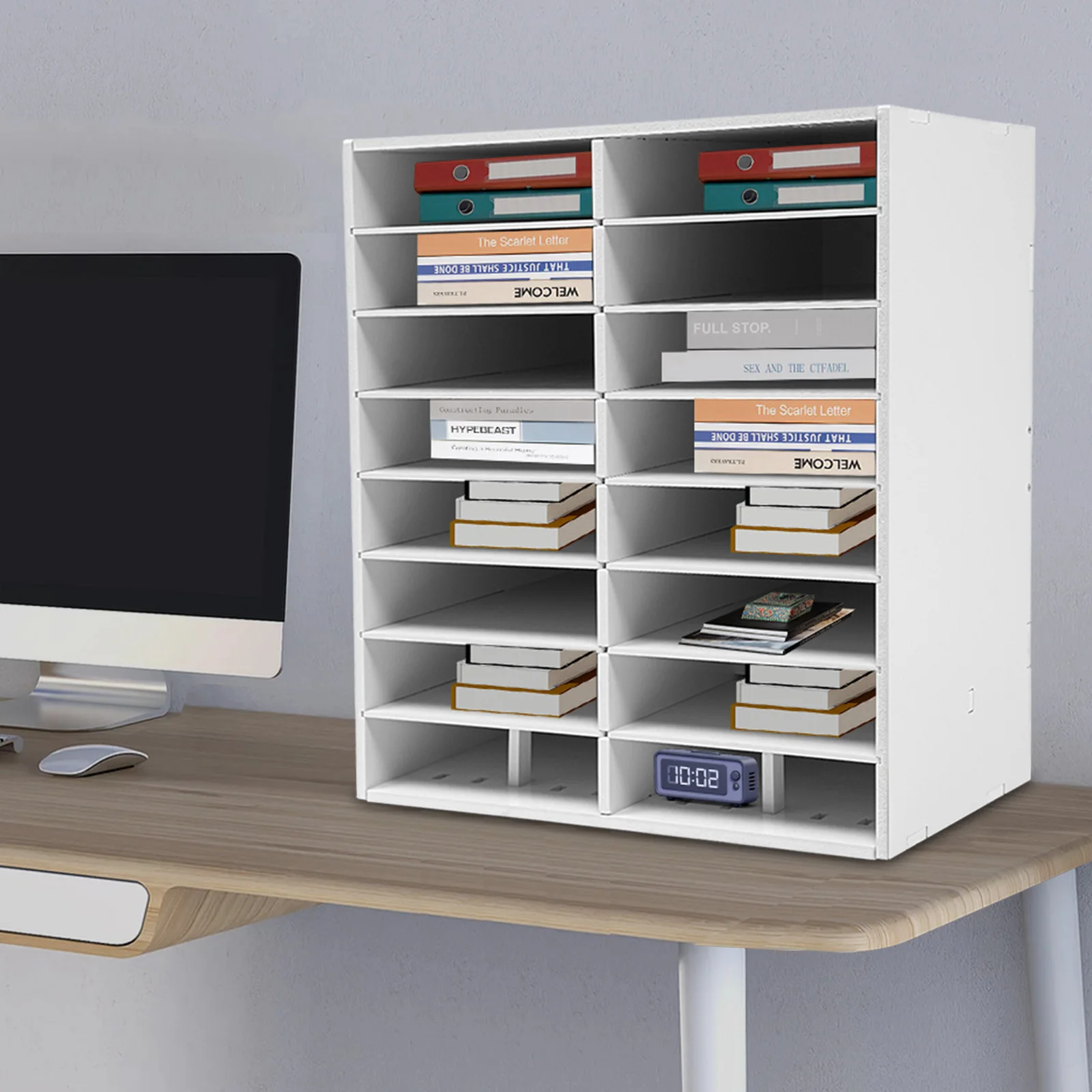 White PVC 57 * 30 * 51cm 16-slot File Rack Multi-layer Adjustable Height Storage Finishing Rack Office Desktop File Sorting Box
White PVC 57 * 30 * 51cm 16-slot File Rack Multi-layer Adjustable Height Storage Finishing Rack Office Desktop File Sorting Box