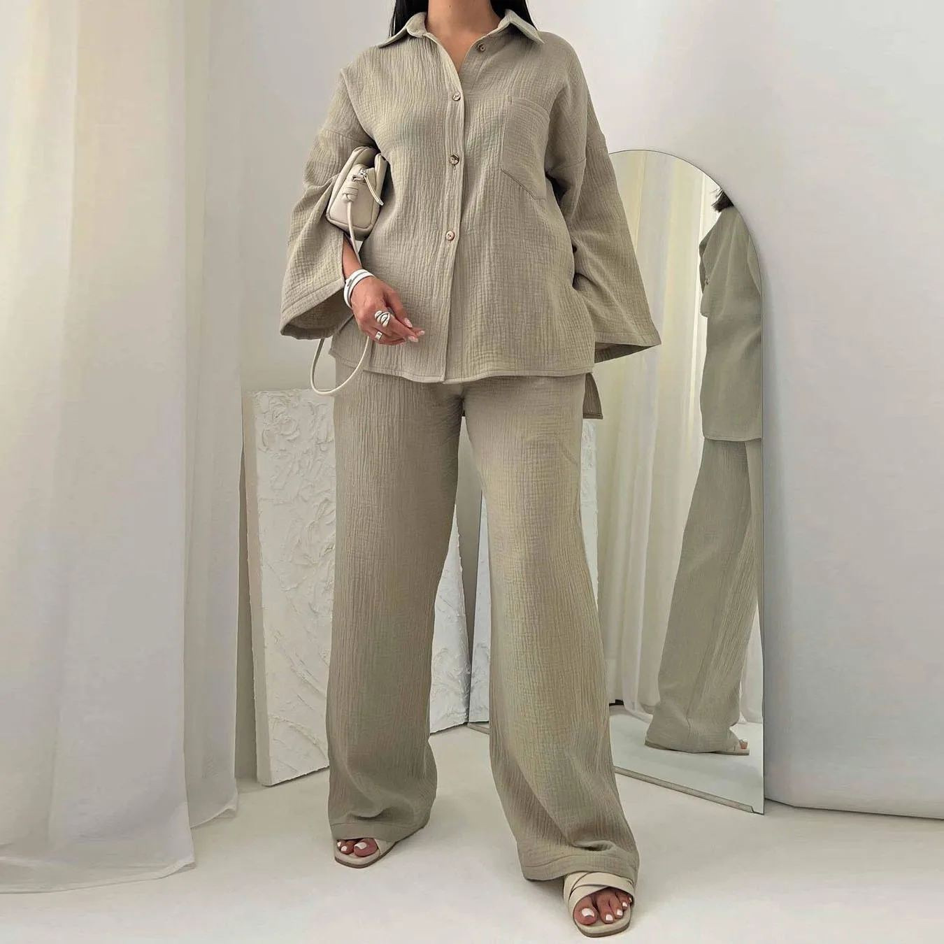 Faionable Long Sve High Waist Wide Leg Pants irt Set Women's Clothing Summer 2025 Two-Piece Suit Collar Button-Up
Faionable Long Sve High Waist Wide Leg Pants irt Set Women's Clothing Summer 2025 Two-Piece Suit Collar Button-Up