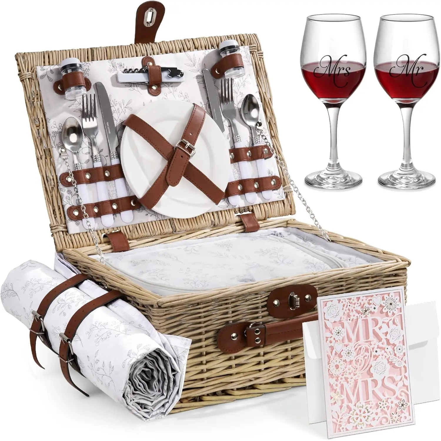 Picnic Basket for 2, Wedding Gift with Mr Mrs Wine Glasses, Wicker Set with Blanket Cooler, Romantic Couples Gift
Picnic Basket for 2, Wedding Gift with Mr Mrs Wine Glasses, Wicker Set with Blanket Cooler, Romantic Couples Gift