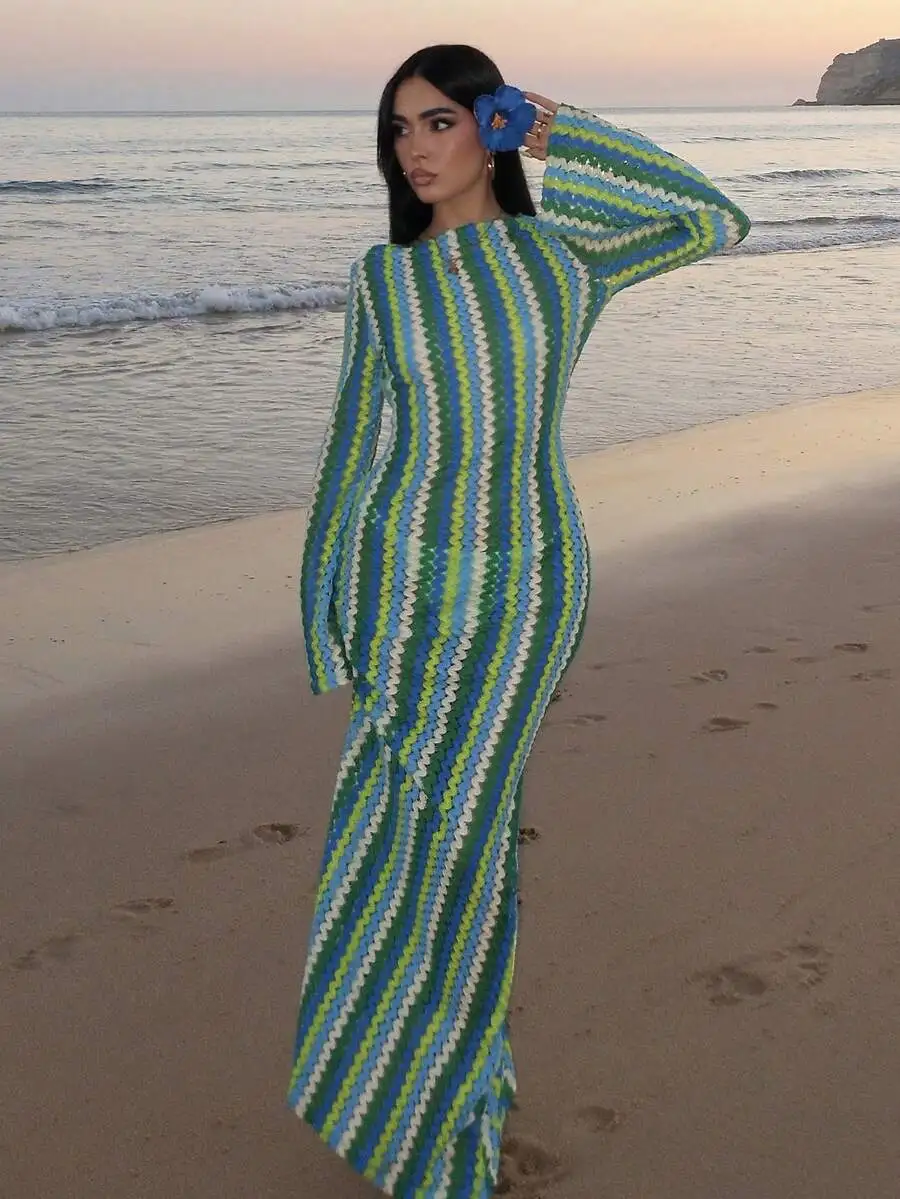Textured Stripe Knit Flared Maxi Dress Boho Beach Vacation Elegant Summer
Textured Stripe Knit Flared Maxi Dress Boho Beach Vacation Elegant Summer