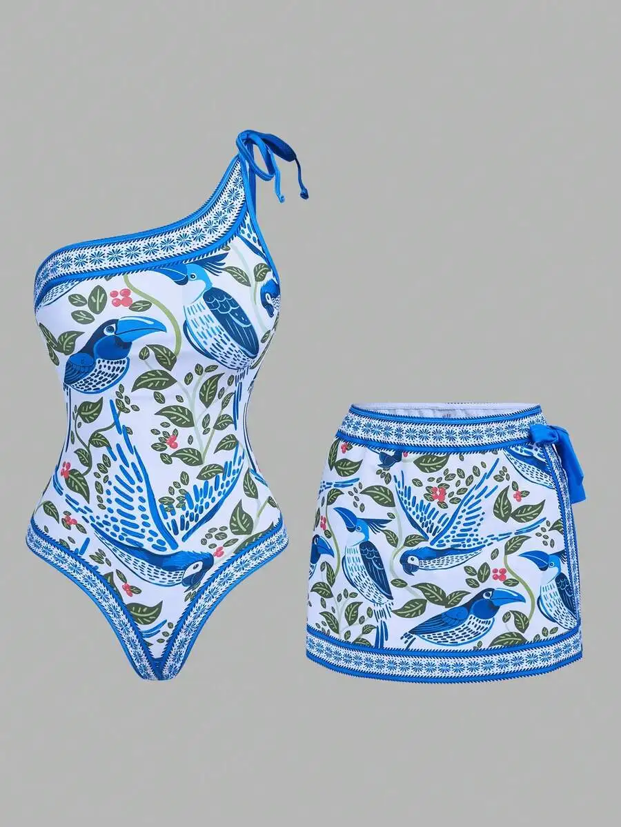 Womens Boho Tropical Print One-Piece Swimsuit And Wrap Skirt Set
Womens Boho Tropical Print One-Piece Swimsuit And Wrap Skirt Set