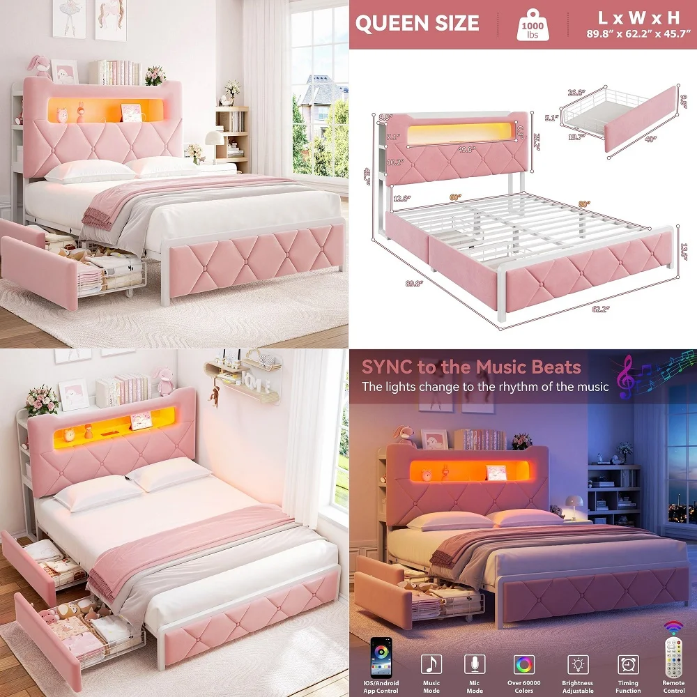 Upholstered LED Bed Frame with 2 Storage Drawers and 2Tier Storage Headboard,Velvet Princess Platform Bed with Charging Station
Upholstered LED Bed Frame with 2 Storage Drawers and 2Tier Storage Headboard,Velvet Princess Platform Bed with Charging Station