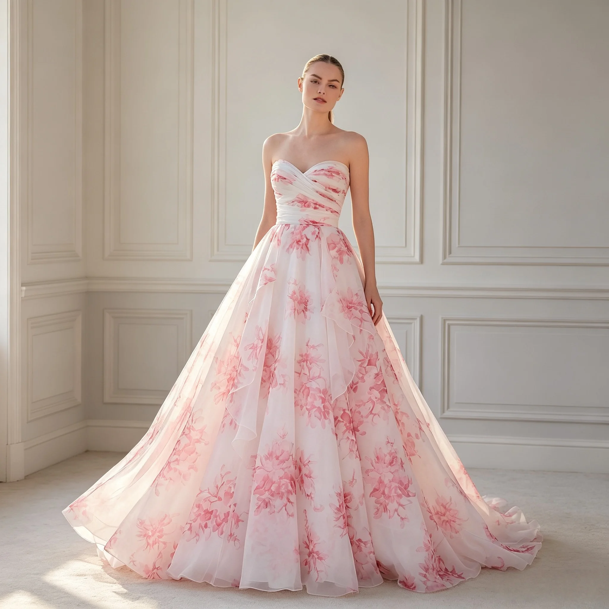 Strapless Ruched Sweetheart A Line Wedding Dress Watercolor Pink Floral Print Chapel Train Bohemian Beach Bridal Gown Customizab
Strapless Ruched Sweetheart A Line Wedding Dress Watercolor Pink Floral Print Chapel Train Bohemian Beach Bridal Gown Customizab