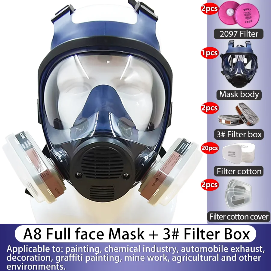 Reusable A8 Full Face Respirator Mask with 3# Filter - Ideal for Painting, Graffiti & Industrial Work
Reusable A8 Full Face Respirator Mask with 3# Filter - Ideal for Painting, Graffiti & Industrial Work