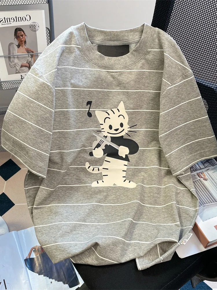 Hikigawa Chic Fashion Women Sweet Preppy Style Cartoon Cat Print Short Sleeve T-Shirts Summer Striped All Match Tops Mujer
Hikigawa Chic Fashion Women Sweet Preppy Style Cartoon Cat Print Short Sleeve T-Shirts Summer Striped All Match Tops Mujer
