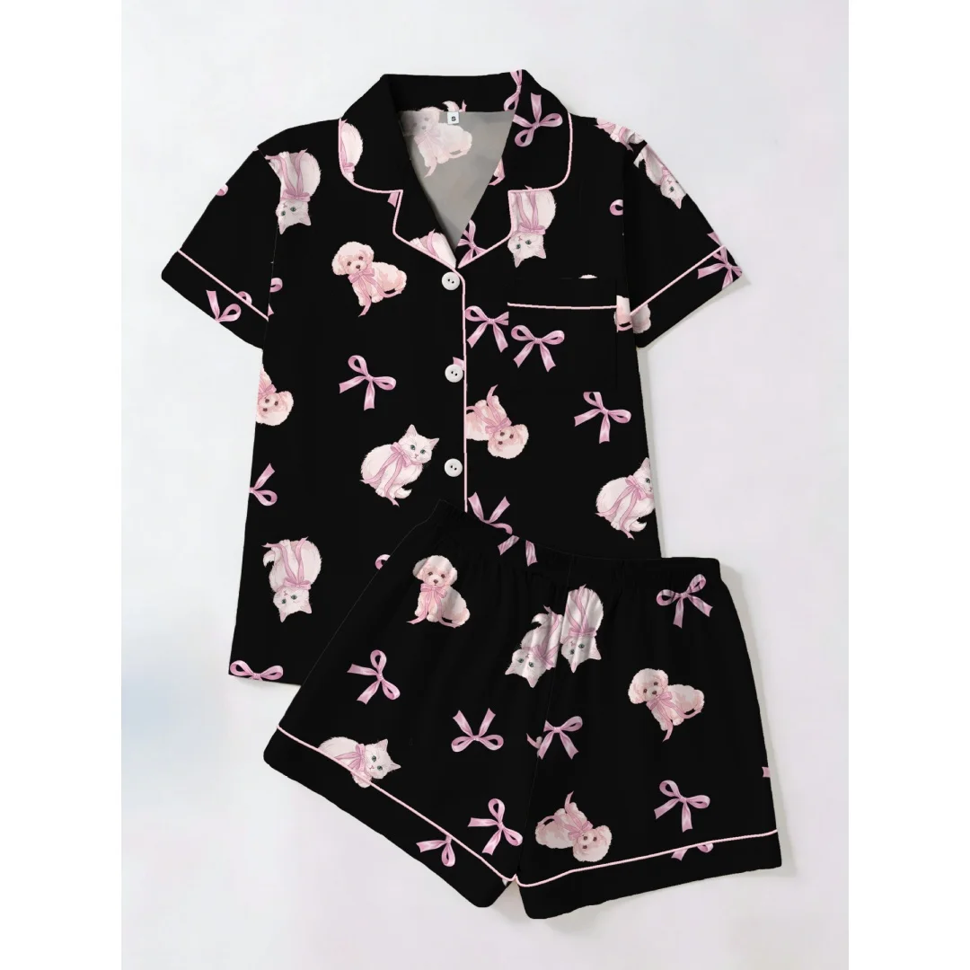 Black Pink Dog Cat Print Pajamas 2pcs a Set for Women Home Wear Loungewear Lapel Short-sleeved Shirts Short Pants Summer Gifts
Black Pink Dog Cat Print Pajamas 2pcs a Set for Women Home Wear Loungewear Lapel Short-sleeved Shirts Short Pants Summer Gifts