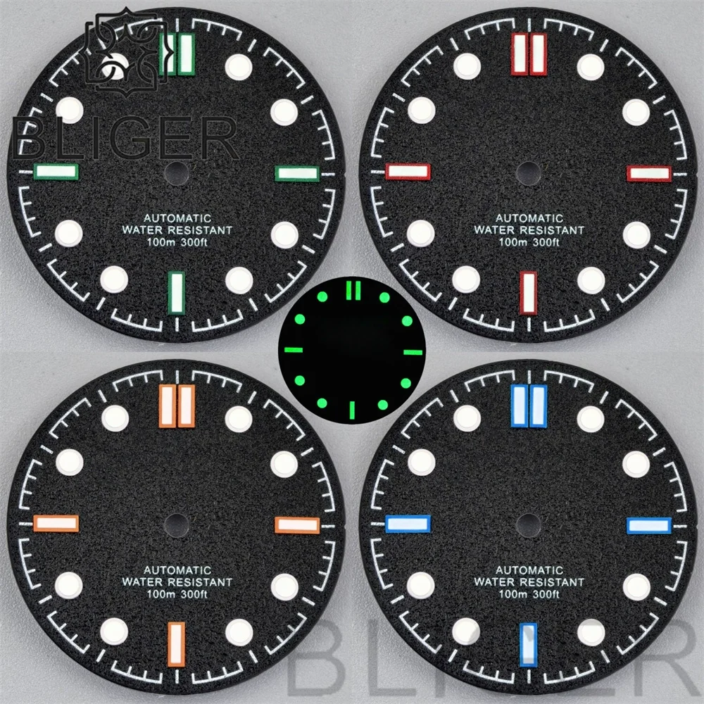 Циферблат BLIGER 31 мм с матовым рифленым узором и красными/оранжевыми/зелеными/синими маркерами на краю, зеленая люминесценция, совместим с механизмами NH35/ETA PT5000/Miyota
Циферблат BLIGER 31 мм с матовым рифленым узором и красными/оранжевыми/зелеными/синими маркерами на краю, зеленая люминесценция, совместим с механизмами NH35/ETA PT5000/Miyota
