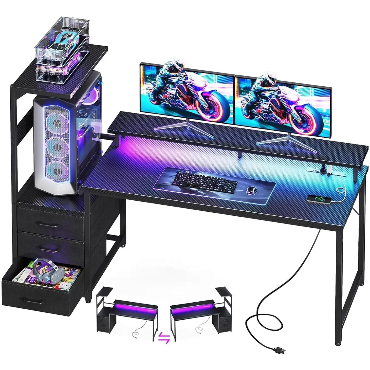 59 Inch Gaming Desk With USB Charging Ports & LED Light - Reversible Computer Desk With 3 Fabric Drawers, Monitor, Customized
59 Inch Gaming Desk With USB Charging Ports & LED Light - Reversible Computer Desk With 3 Fabric Drawers, Monitor, Customized
