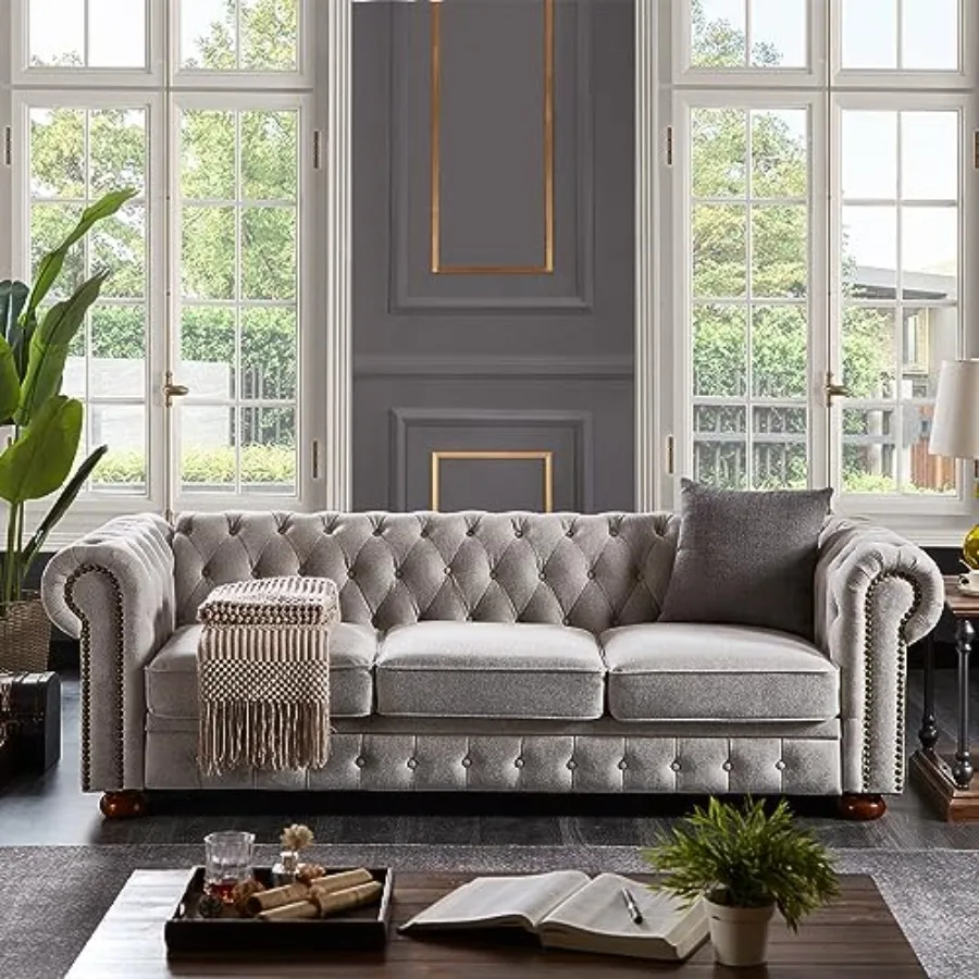 89" Classic Chesterfield Tufted Sofa Couch, Deep Seat Design, Midcentury Modern 3-Seater Linen Fabric Upholstered Sofa with Rol
89" Classic Chesterfield Tufted Sofa Couch, Deep Seat Design, Midcentury Modern 3-Seater Linen Fabric Upholstered Sofa with Rol