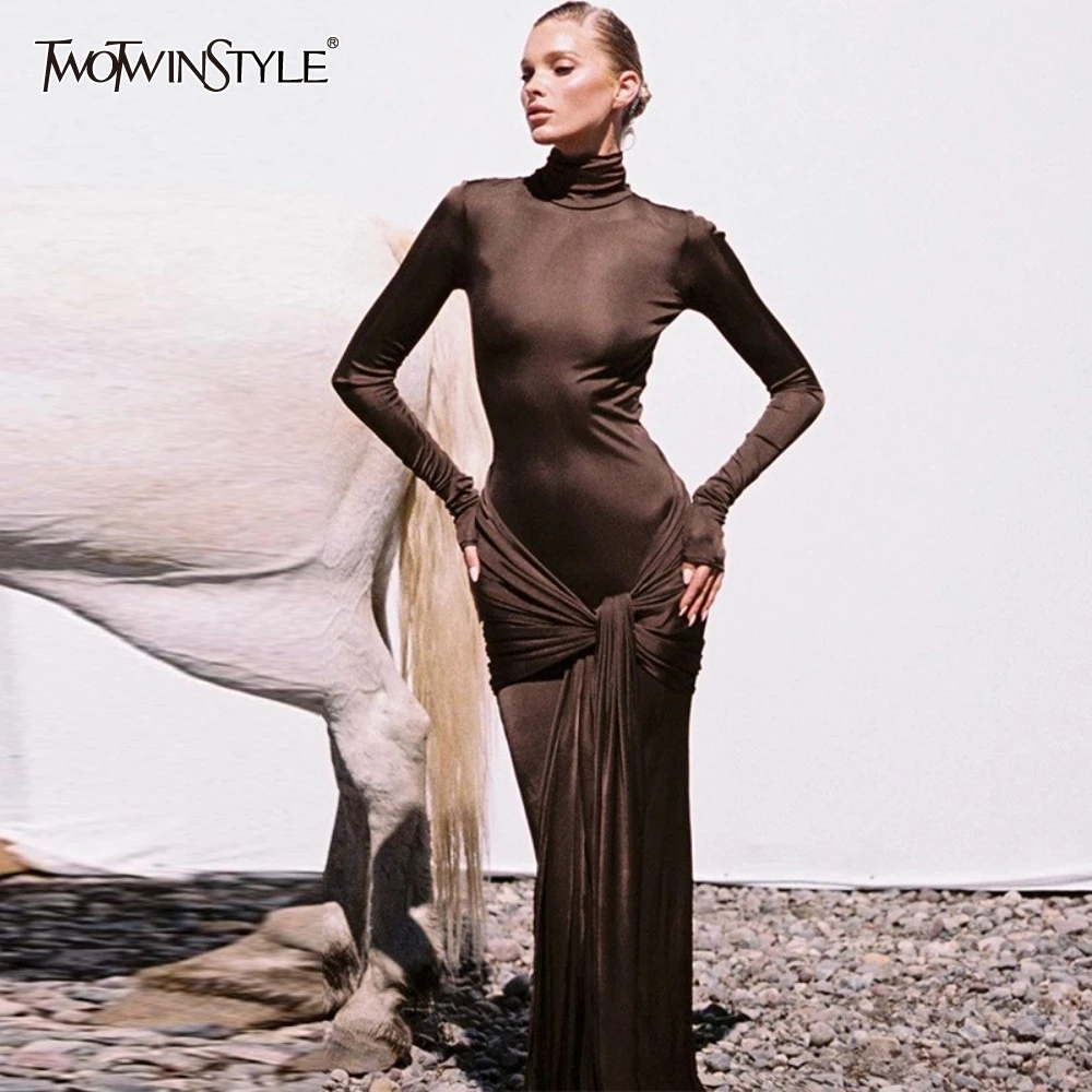 TWOTWINSTYLE Solid Spliced Lace Up Slimming Dresses for Women Stand Neck Long Sleeve High Waist Chic Dress Female Fashion Style
TWOTWINSTYLE Solid Spliced Lace Up Slimming Dresses for Women Stand Neck Long Sleeve High Waist Chic Dress Female Fashion Style