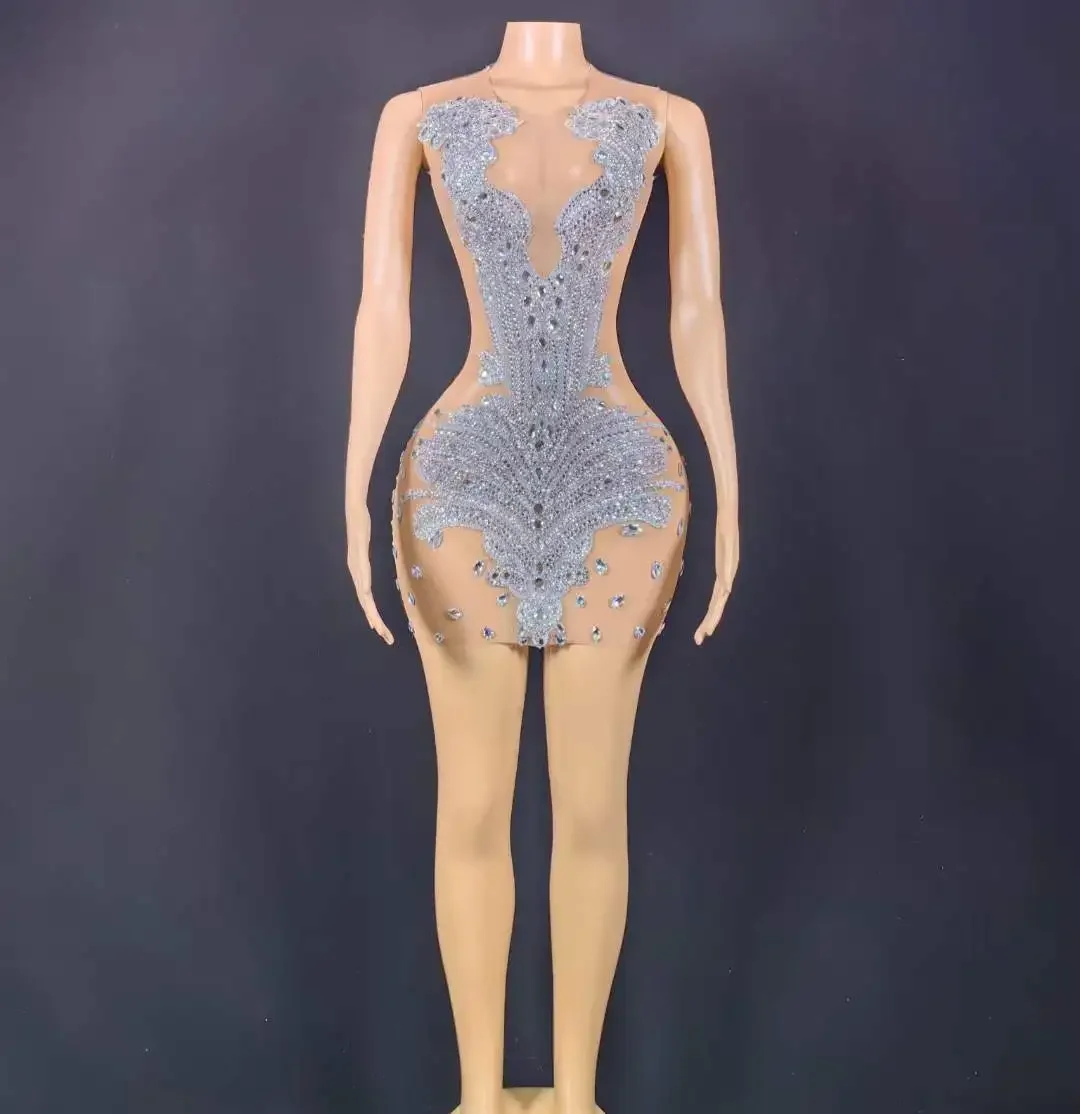 Silver Women Stretch Mini Dress Birthday Queen Outfit Rhinestone Crystals See Through Mesh Stunning Singer Stage Wear
Silver Women Stretch Mini Dress Birthday Queen Outfit Rhinestone Crystals See Through Mesh Stunning Singer Stage Wear
