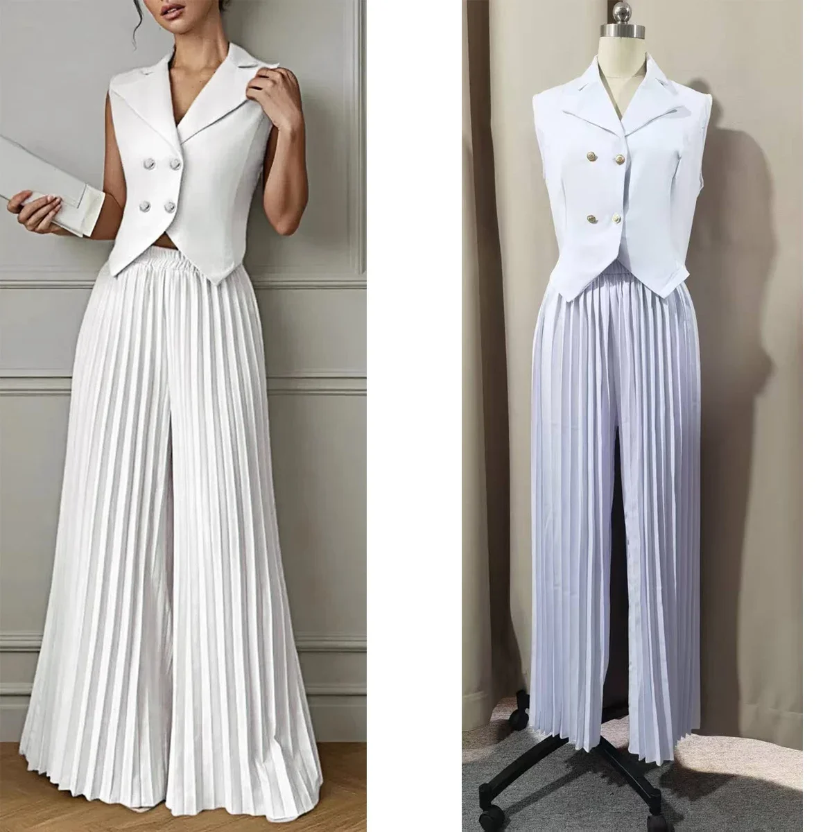 Fashion V-neck Two Piece Pant Set Sleeveless Double-breasted Vest Top Pleated Wide-leg Pant Set Women Office Lady Two Piece Set
Fashion V-neck Two Piece Pant Set Sleeveless Double-breasted Vest Top Pleated Wide-leg Pant Set Women Office Lady Two Piece Set