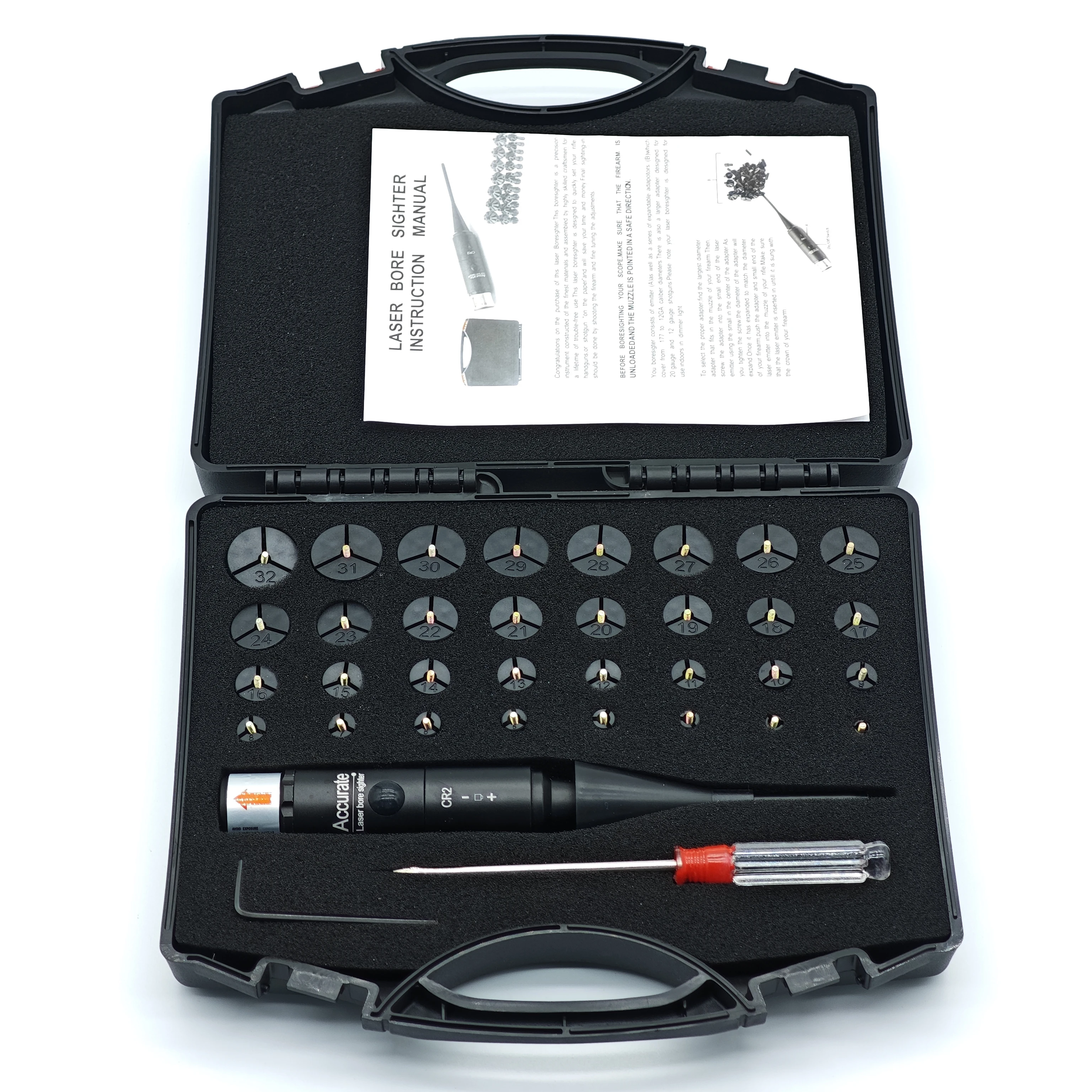 Laser Bore Sighter Instruction Manual Kit with 32 Adapters 0.17 to 12GA Calibers Red or Green Bright with Button Switch
Laser Bore Sighter Instruction Manual Kit with 32 Adapters 0.17 to 12GA Calibers Red or Green Bright with Button Switch