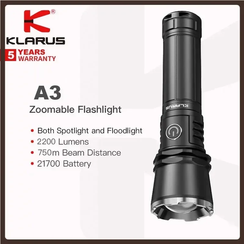 Klarus A3 Tactical Flashlight 2200 Lumens Adjustable Zoom 750m Beam Distance Spot Flood Light With 18650 Battery
Klarus A3 Tactical Flashlight 2200 Lumens Adjustable Zoom 750m Beam Distance Spot Flood Light With 18650 Battery