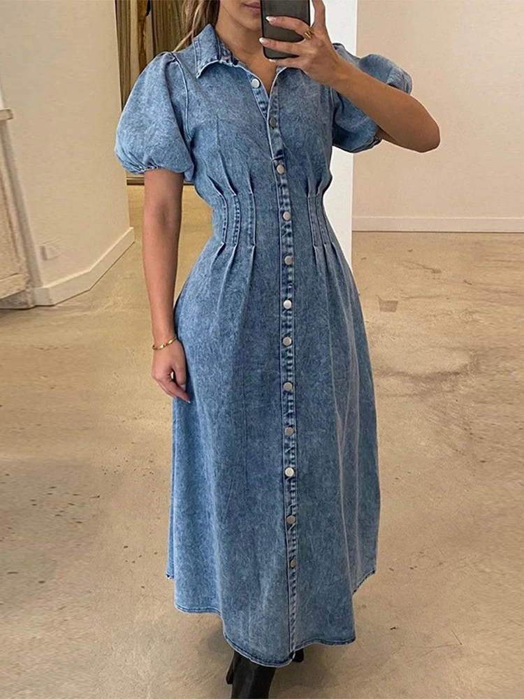 Джинсовые платья для женщин, женское однобортное платье с короткими рукавами и эластичной резинкой на талии, джинсовое платье макси, халат для отпуска
Джинсовые платья для женщин, женское однобортное платье с короткими рукавами и эластичной резинкой на талии, джинсовое платье макси, халат для отпуска