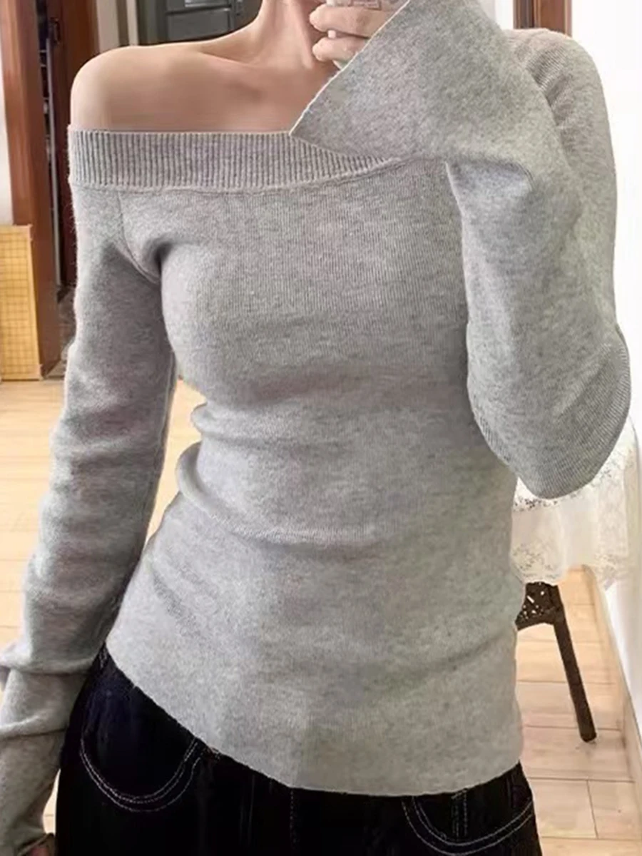 Gray Irregular Raw Hem Long Sleeve T-shirt Women Autumn Ribbed Slash Neck Slim Tee Shirts Sweet Casual Simple Knit Pullover Tops 
Gray Irregular Raw Hem Long Sleeve T-shirt Women Autumn Ribbed Slash Neck Slim Tee Shirts Sweet Casual Simple Knit Pullover Tops