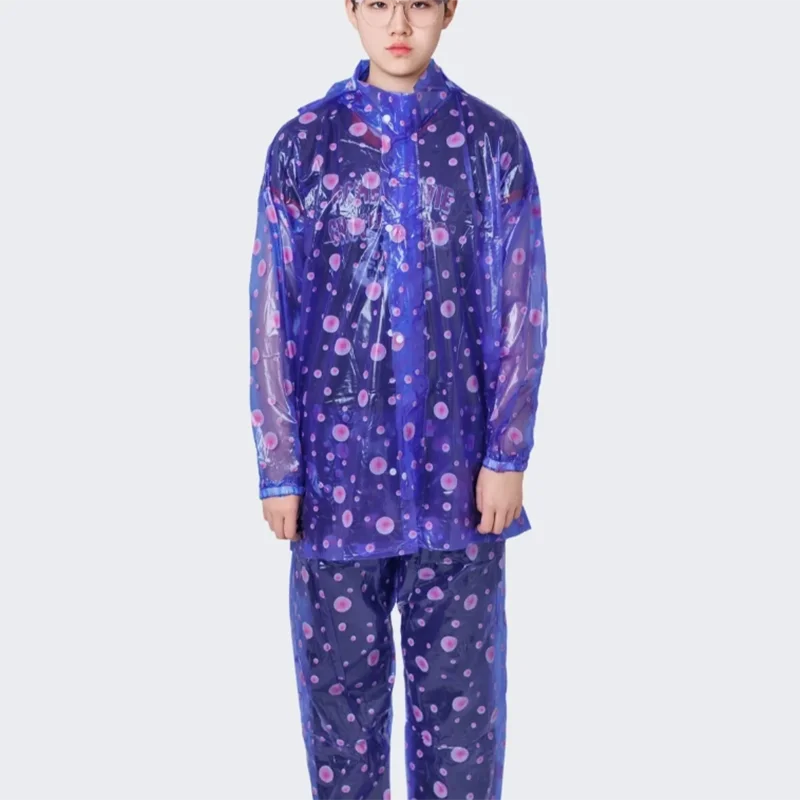 PVC Transparent Plastic Printing Men Women Plus Size Raincoat Round Dot Pattern Waterproof Outdoor Hiking Jacket Long Pants Set
PVC Transparent Plastic Printing Men Women Plus Size Raincoat Round Dot Pattern Waterproof Outdoor Hiking Jacket Long Pants Set