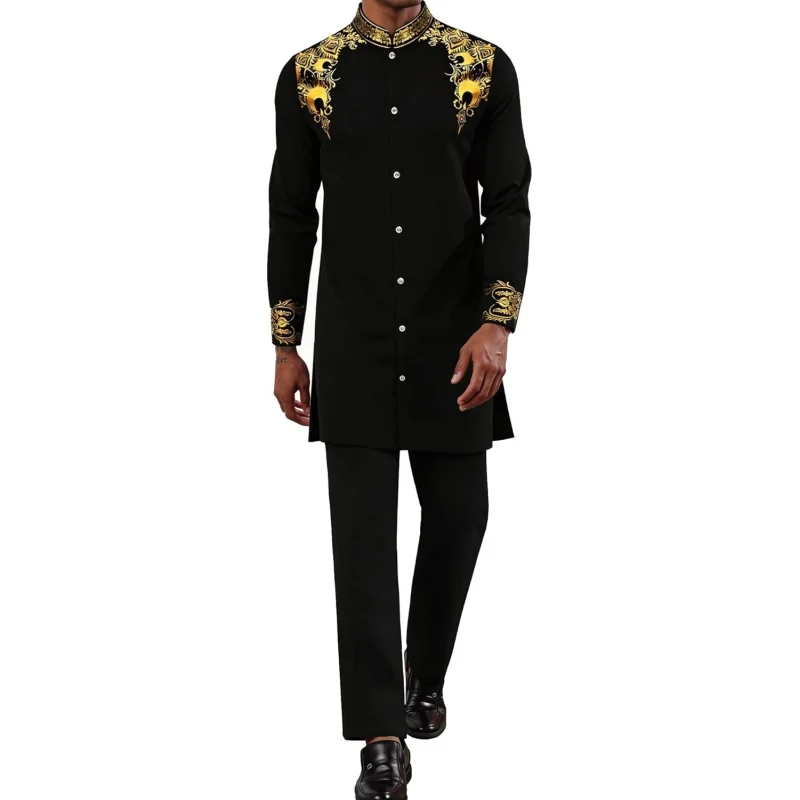 Mens Long African 2 Piece Set Nigerian Dashiki Metallic Traditional Suit Gold Stamp Printed Shirt and Pants Outfit
Mens Long African 2 Piece Set Nigerian Dashiki Metallic Traditional Suit Gold Stamp Printed Shirt and Pants Outfit