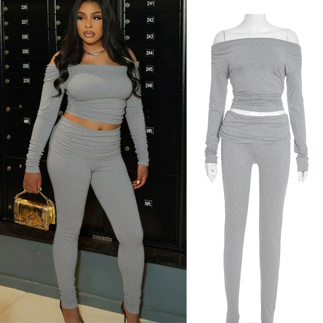 FAGADOER Sexy Woman 2 Piece Set Outfit Solid Color Off Showlder Long Sleeves Crop Top + Pants Midnight Female Streetwear New 
FAGADOER Sexy Woman 2 Piece Set Outfit Solid Color Off Showlder Long Sleeves Crop Top + Pants Midnight Female Streetwear New