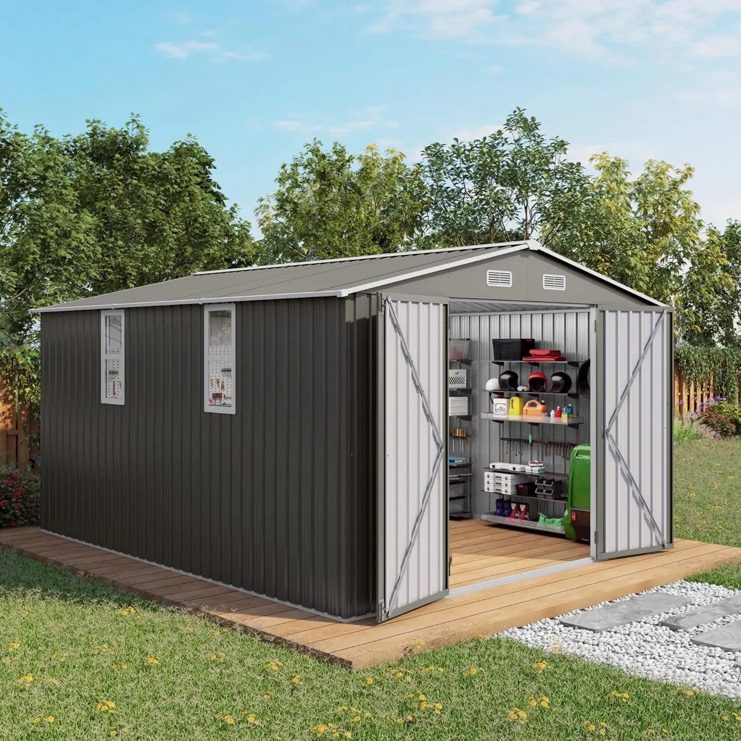 10x12 FT Metal Outdoor Storage Shed with Lockable Door & 4 Vents Waterproof for Backyard Garden Patio, Custom
10x12 FT Metal Outdoor Storage Shed with Lockable Door & 4 Vents Waterproof for Backyard Garden Patio, Custom