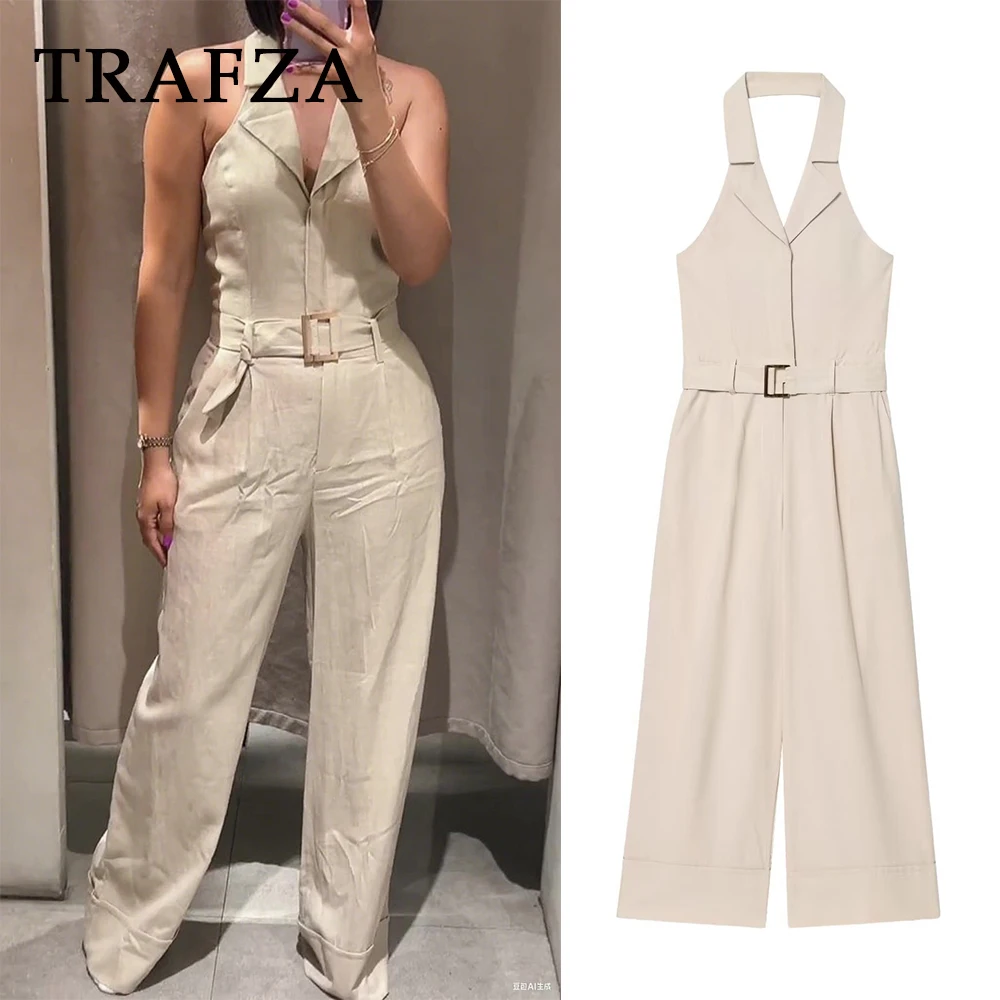 TRAFZA Elegant Fashion 2025 Women Long Jumpsuits High Waist Sleeveless Sashes Office Lady Bodysuits Wide Leg Beige Playsuits
TRAFZA Elegant Fashion 2025 Women Long Jumpsuits High Waist Sleeveless Sashes Office Lady Bodysuits Wide Leg Beige Playsuits