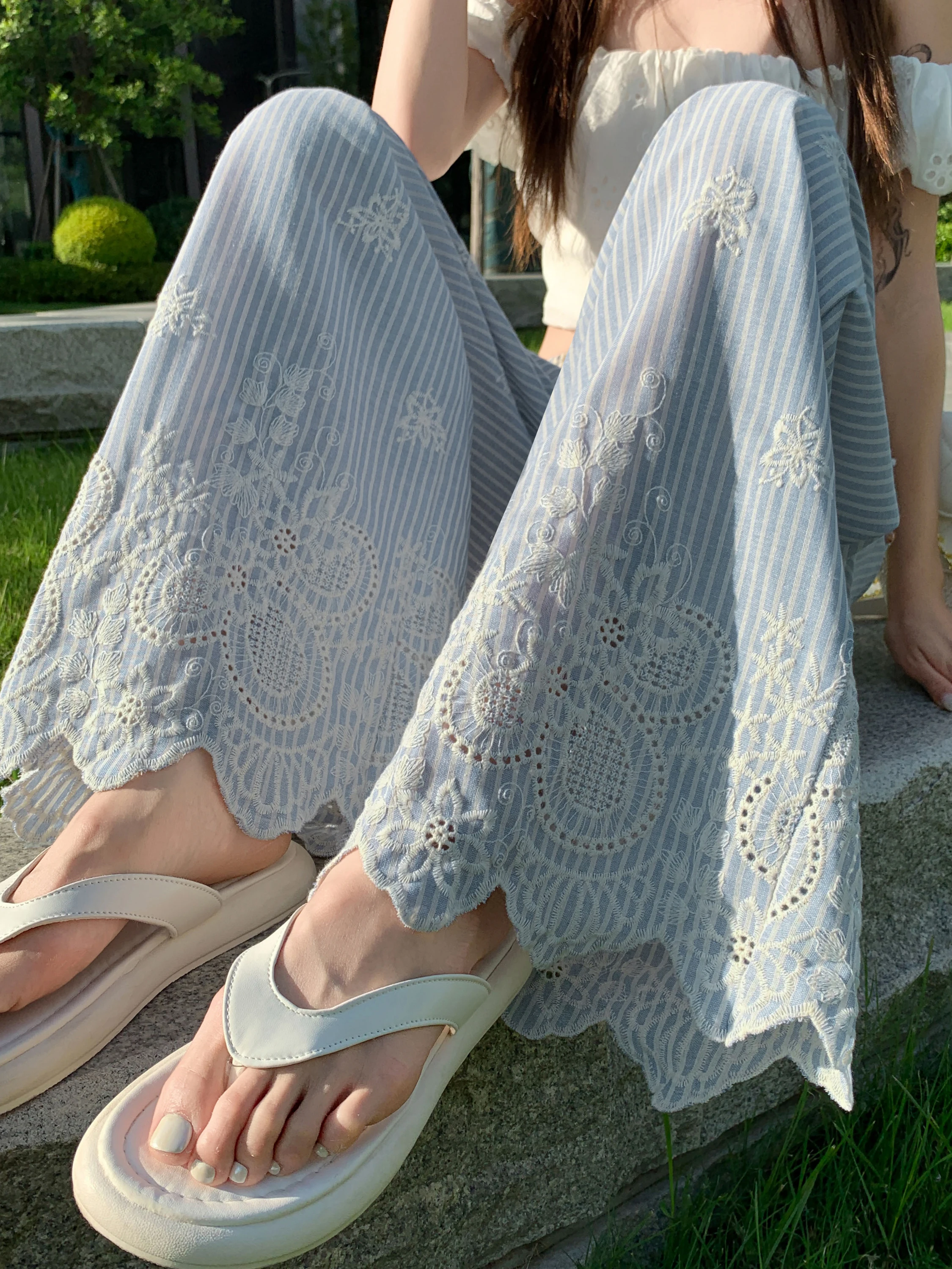Light Blue Vertical Striped Lace Embroidery Hollow out Wide Leg Pants Women Summer Casual Loose Slimming Thin Ice Silk Pants
Light Blue Vertical Striped Lace Embroidery Hollow out Wide Leg Pants Women Summer Casual Loose Slimming Thin Ice Silk Pants