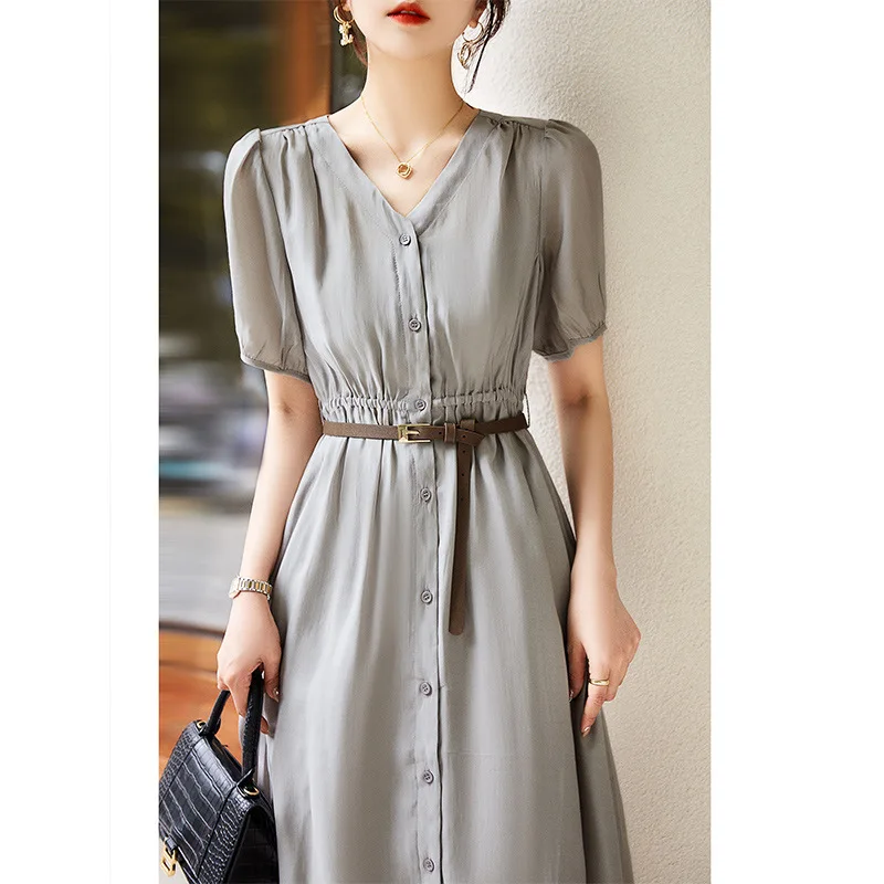 Bubble Sleeve Silk Dress Women Summer New Ladies V-Neck Grey Mid Length Waist Dresses Women Clothes Midi Dress Vestido Feminino
Bubble Sleeve Silk Dress Women Summer New Ladies V-Neck Grey Mid Length Waist Dresses Women Clothes Midi Dress Vestido Feminino
