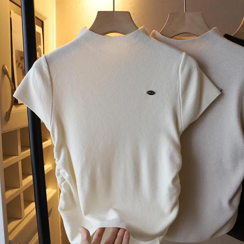 Elegant Knitted Short Sleeve Top Half High Collar Slim Fit Women's T-Shirt Tea Spirit Fashion Spring Autumn Seasonal Wear
Elegant Knitted Short Sleeve Top Half High Collar Slim Fit Women's T-Shirt Tea Spirit Fashion Spring Autumn Seasonal Wear