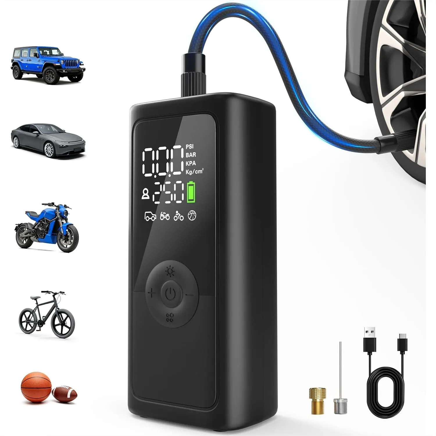 Portable Air Compressor Tire Inflator 150PSI Cordless Car Tire Pump with Auto-Off, 3 LED Light, 10000mAh Battery for Car
Portable Air Compressor Tire Inflator 150PSI Cordless Car Tire Pump with Auto-Off, 3 LED Light, 10000mAh Battery for Car