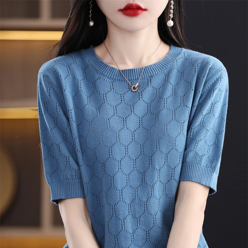 100% pure cotton T-shirt women's knitted solid color hollow short sleeved casual round neck Tees summer loose geometric tops
100% pure cotton T-shirt women's knitted solid color hollow short sleeved casual round neck Tees summer loose geometric tops