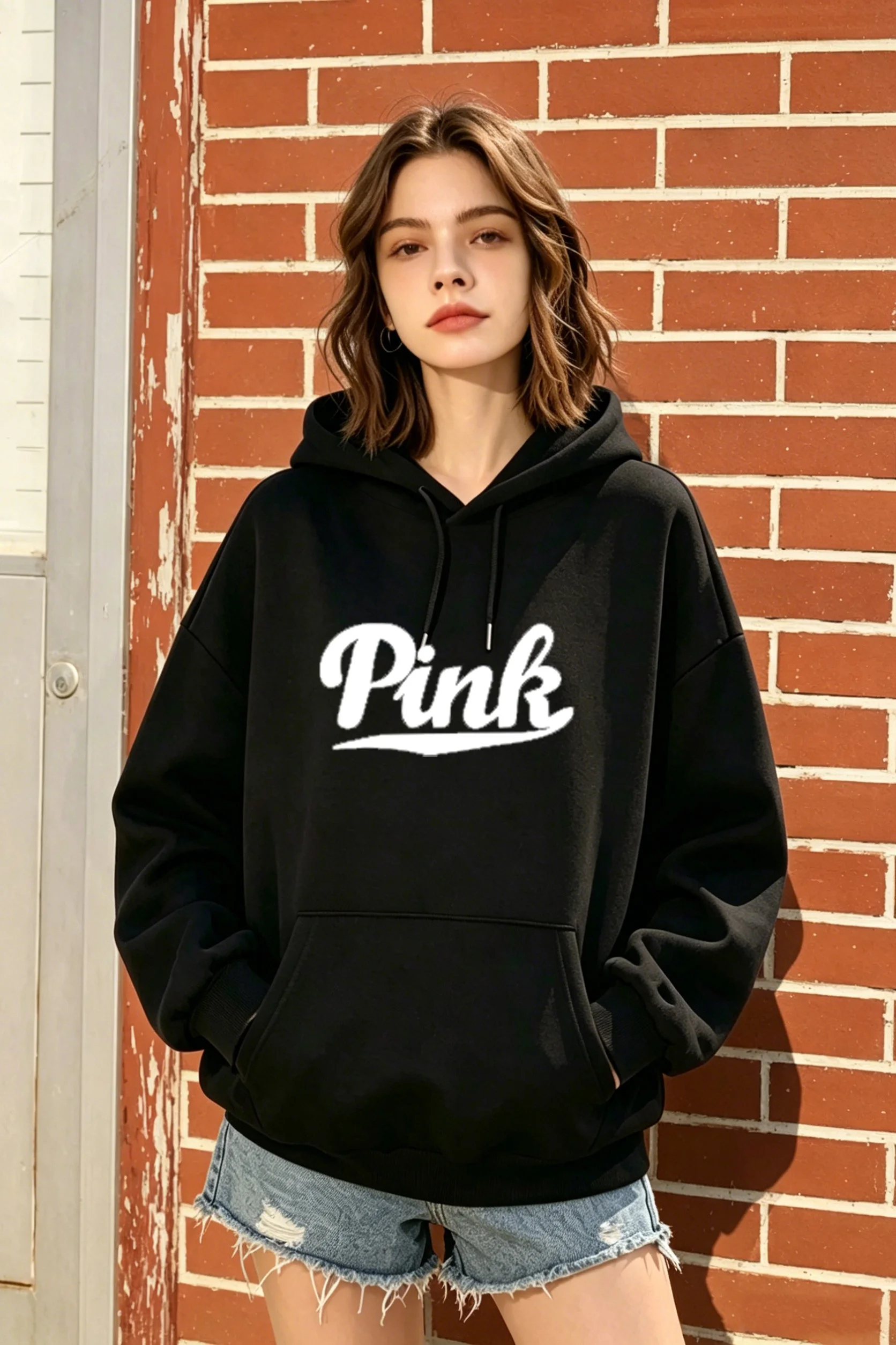Women's Black Oversized Hoodie with "Pink" letter print, casual & trendy for fall and winter daily wear.
Women's Black Oversized Hoodie with "Pink" letter print, casual & trendy for fall and winter daily wear.