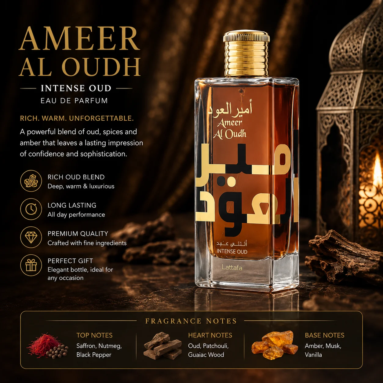 Ameer Al Oudh Intense Oud EDP 100ml - Long Lasting Sweet Woody Vanilla Fragrance Unisex - Luxury Arabic Perfume Gift
Ameer Al Oudh Intense Oud EDP 100ml - Long Lasting Sweet Woody Vanilla Fragrance Unisex - Luxury Arabic Perfume Gift