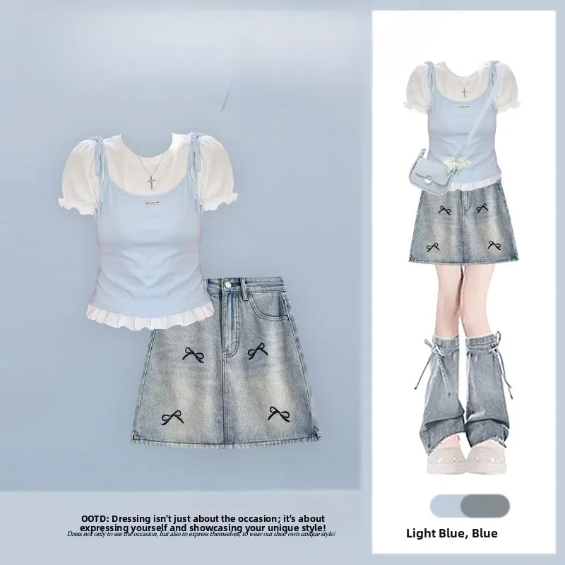Summer 2026 Slimming Slim Fit Youthful Top And High Waist Denim Short Skirt Two Piece Set Women's Fashion Ensemble Short Sleeve
Summer 2026 Slimming Slim Fit Youthful Top And High Waist Denim Short Skirt Two Piece Set Women's Fashion Ensemble Short Sleeve