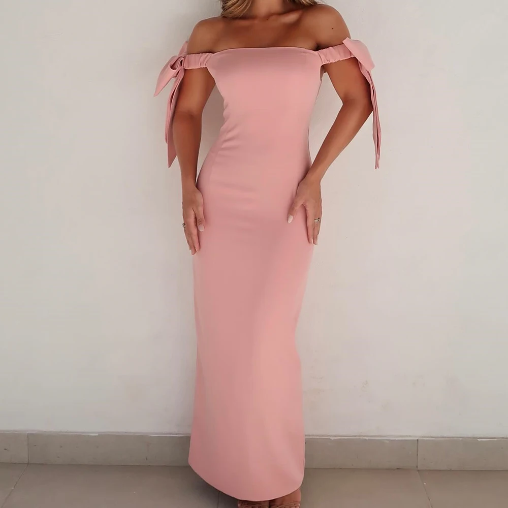 Customized Temperament Bow Off the Shoulder Jersey Evening Dresses Fashion Strapless Short Sleeves Straight Vestido De
Customized Temperament Bow Off the Shoulder Jersey Evening Dresses Fashion Strapless Short Sleeves Straight Vestido De