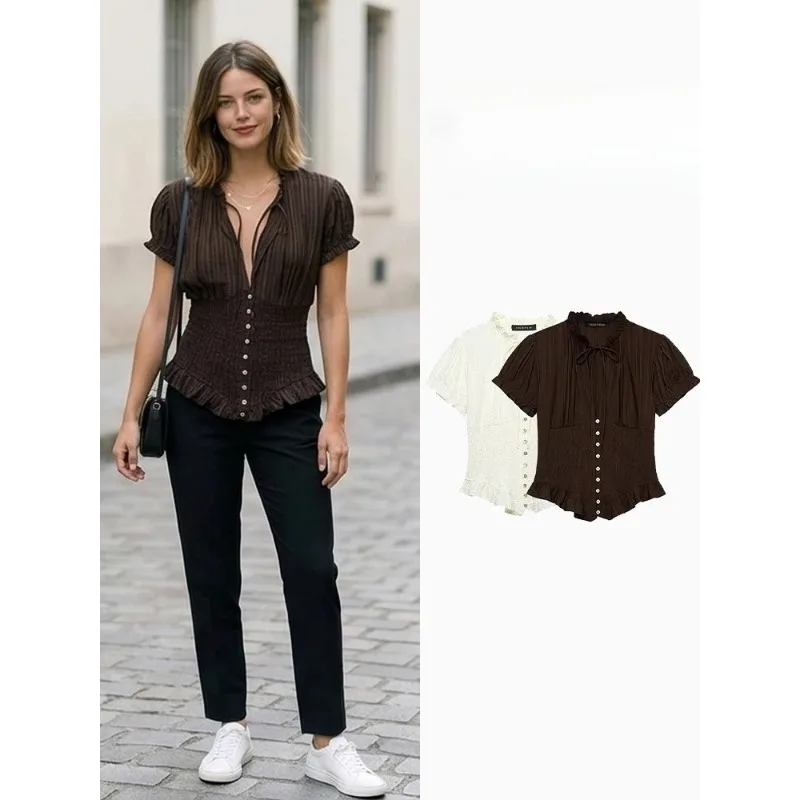 FANAN Women Fashion Pleated Single Breasted Bow Lace Up Blouse Tops Vintage O-Neck Short Sleeves Female Chic Lady Shirts
FANAN Women Fashion Pleated Single Breasted Bow Lace Up Blouse Tops Vintage O-Neck Short Sleeves Female Chic Lady Shirts