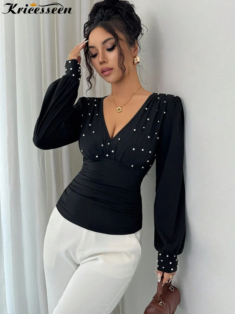 Kricesseen Elegant Black Deep V Neck Pearl Beaded Long Sleeve Ruched Slim Fit Blouse Top For Women Pearls Tee Shirt Clubwear
Kricesseen Elegant Black Deep V Neck Pearl Beaded Long Sleeve Ruched Slim Fit Blouse Top For Women Pearls Tee Shirt Clubwear