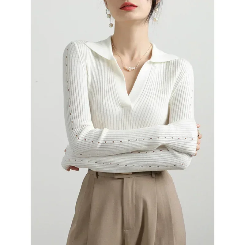 2024 Spring Autumn Long-sleeved Sweater Women Knit Pullovers Lapel Polo Neck Knitwear Ladies Solid White Slim Women's Sweaters
2024 Spring Autumn Long-sleeved Sweater Women Knit Pullovers Lapel Polo Neck Knitwear Ladies Solid White Slim Women's Sweaters